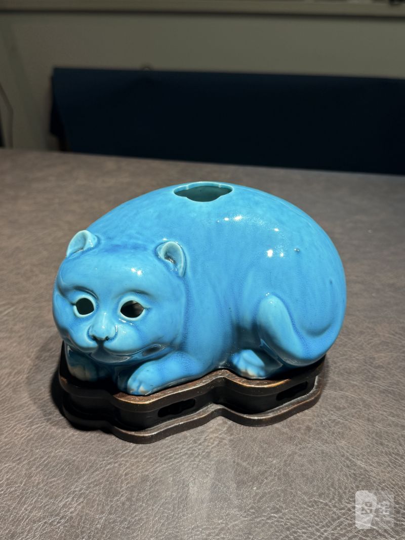 清康熙 孔雀蓝釉猫型瓷塑（配木座） - 图3